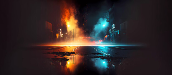 Night city. Neon lights. Wet asphalt, streetlight smoke. Screensaver. Generated AI