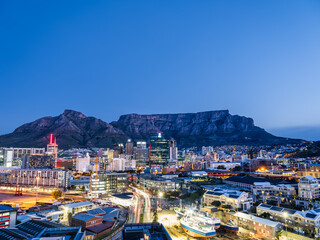 Cape Town city illuminated buildings and the table mountain in the background, Cape Town, South...