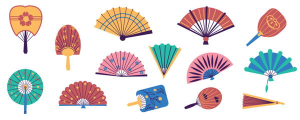 Paper hand fans. Traditional oriental folding fans, hand wind accessories flat style different color. Vector chinese japanese asian fans set - obrazy, fototapety, plakaty