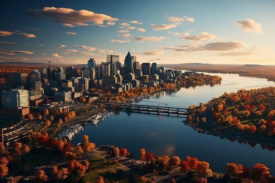 view of the city during a beautiful fall day, autumn season, copy space - generative ai