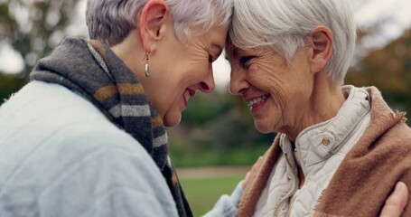 Love, connection and senior women being affection for romance and bonding on an outdoor date. Nature, commitment and elderly female couple in retirement with intimate moment in a green garden or park