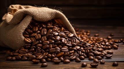  Fresh old sack of coffee grains and brown old wall background 
