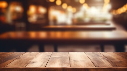 Empty wooden table top with lights bokeh on blur restaurant background