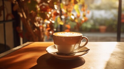 Fototapeta premium Close up coffee cup with Rosetta shape latte art on wood tab on bokeh decent cafe background
