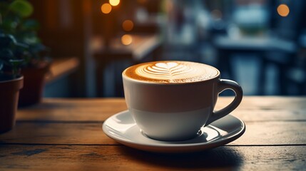 Close up coffee cup with Rosetta shape latte art on wood tab on bokeh decent cafe background