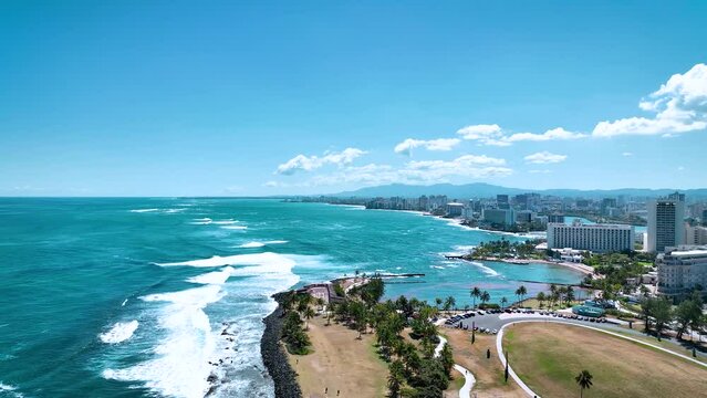 Old San Juan Puerto Rico Drone Shot of Castillo San Felipe del Morro, Escambron Beach (aerial view)