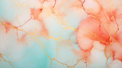 Generative AI : Abstract marble dusty Soft Coral and Pale Turquoise liquid watercolor background with gold lines. Soft Coral and Pale Turquoise alcohol ink drawing effect backdrop for obituary, menu,  - obrazy, fototapety, plakaty