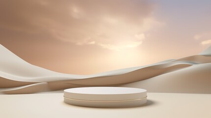 round beige podium with beautiful sky at background in delicate pastel golden brown tones