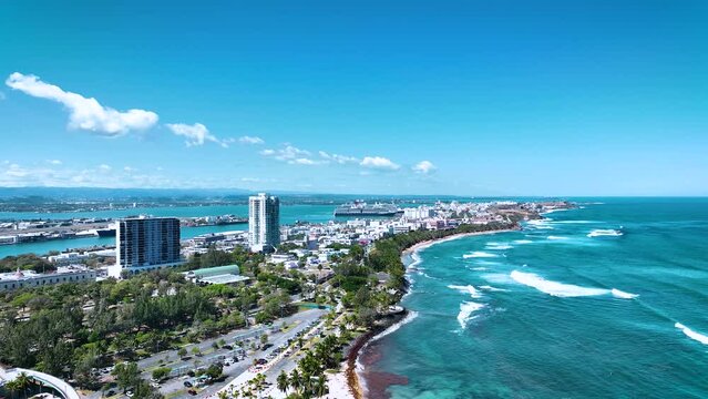 Old San Juan Puerto Rico Drone Shot of Castillo San Felipe del Morro, Escambron Beach (aerial view)