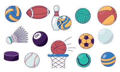 Fototapeta premium Cartoon sport ball. Set of different colorful game equipment, bowling billiard tennis football hockey golf ball different color. Vector collection