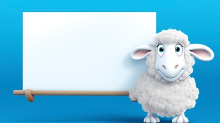 Fototapeta premium cartoon illustration, the sheep is holding an empty white sign with a blue background, ai generative