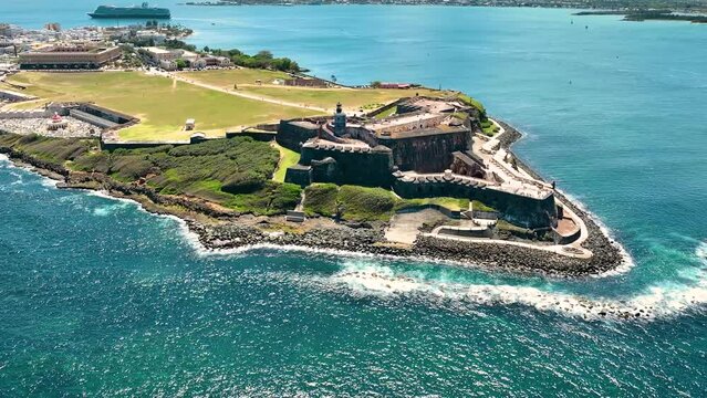 Old San Juan Puerto Rico Drone Shot of Castillo San Felipe del Morro, Escambron Beach (aerial view)