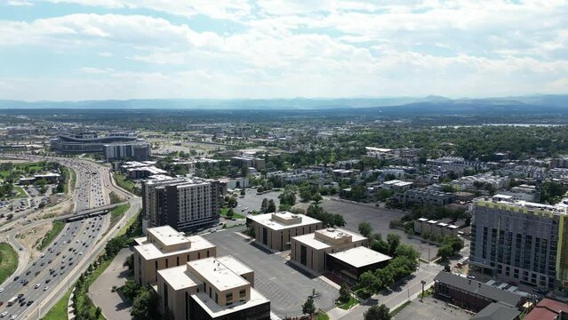 Aerial shot of Rocky Mountains foothills from downtown Denver