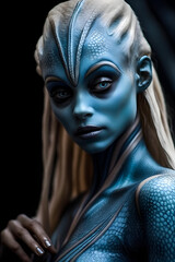 Ethereal Beauty: Portrait of a Stunning Young Alien Woman with Blue Skin, Model with Blond Hair and Blue Eyes - generative ai