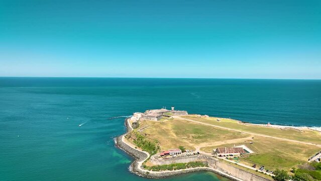 Old San Juan Puerto Rico Drone Shot of Castillo San Felipe del Morro, Escambron Beach (aerial view)