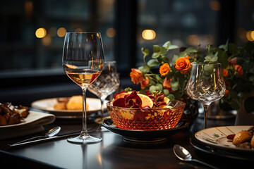 Fototapeta na wymiar Elegant table setting with candles in restaurant. Selective focus.