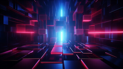 A dimly lit room with vibrant red and blue lighting