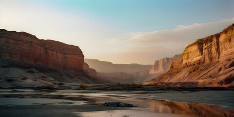 Fototapeta na wymiar River Reflections: Majestic Cliffs and AI-Generated Orange Rock Landscape - generative ai