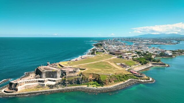 Old San Juan Puerto Rico Drone Shot of Castillo San Felipe del Morro, Escambron Beach (aerial view)