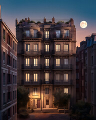 Parisian Nightscapes: Surreal Moonlit Buildings in surrealistic-inspired Style (AI-generated photo)