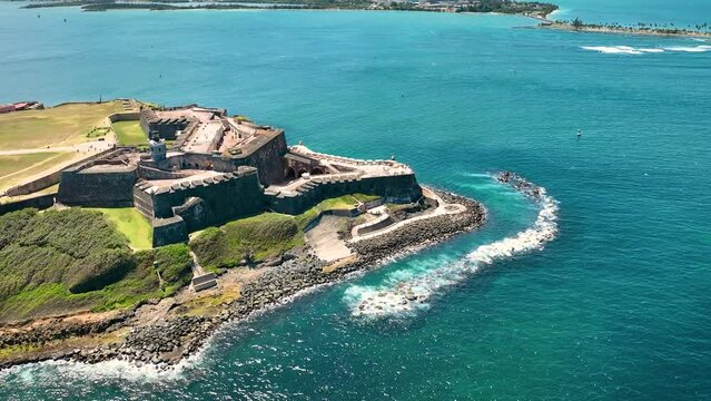 Old San Juan Puerto Rico Drone Shot of Castillo San Felipe del Morro, Escambron Beach (aerial view)