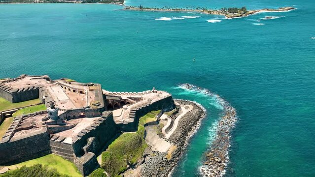 Old San Juan Puerto Rico Drone Shot of Castillo San Felipe del Morro, Escambron Beach (aerial view)
