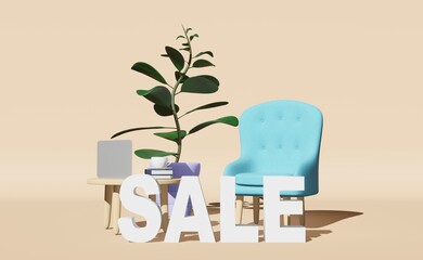 Furniture sale Soft armchair table laptop coffee cup books plant pastel background 3D rendering. Living room couch demonstration workspace interior cafe minimal style. Cozy home lobby design. Shopping