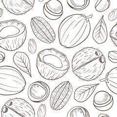 Seamless pattern with coconuts and macadamia nuts