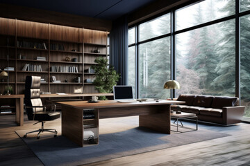 Obraz premium modern home office interior with black walls, wooden floor, natural lighting and window view | long desk with a computer | Bookshelf filled with books and decorations | house plants 