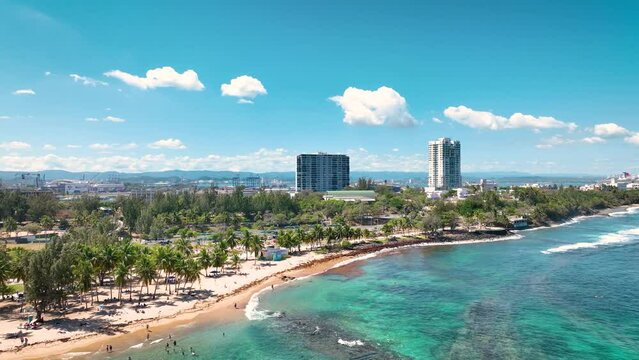 Old San Juan Puerto Rico Drone Shot of Castillo San Felipe del Morro, Escambron Beach (aerial view)