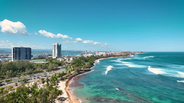 Old San Juan Puerto Rico Drone Shot of Castillo San Felipe del Morro, Escambron Beach (aerial view)