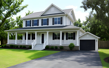Outdoor exterior realistic modern house environment with green grass in the foreground
