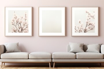 Empty horizontal frame on wall mockup in modern minimalist interior living room with plant in trendy vase on beige wall background. 
Close up Template for artwork, painting, photo or poster.