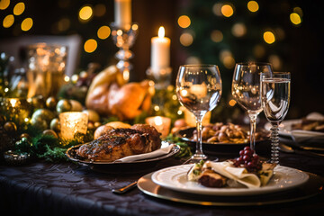 Elegant table setting with candles in restaurant. Selective focus. Romantic dinner setting with candles on table in restaurant. 