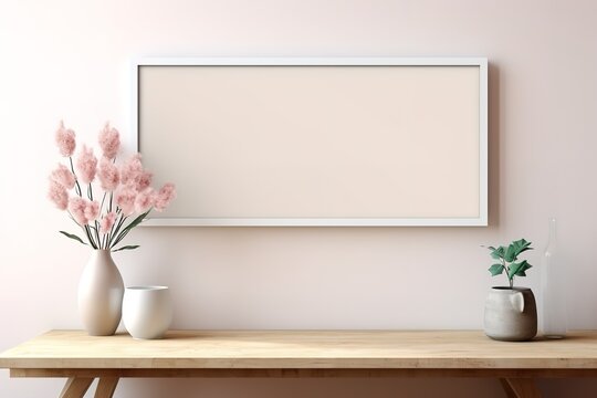 Empty horizontal frame mockup in modern minimalist interior with plant in trendy vase on beige wall background. Close up Template for artwork, painting, photo or poster