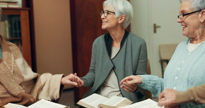 Praying, support and holding hands with people in bible study for worship, Christian and spiritual. Community, faith and religion with prayer group in church for connection, hope and meeting together