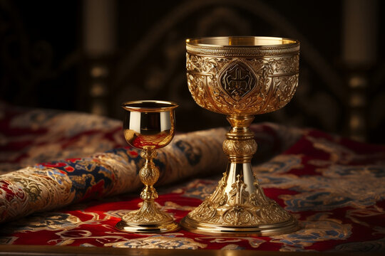 Sacred Chalice for Holy Communion on Ornate Gold Brocade Altar Cloth