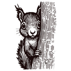 Curious funny squirrel behind a tree illustration © Satoru Sketches