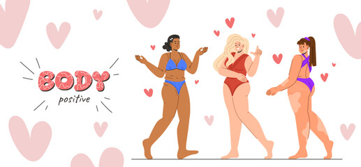 Women with body positive concept. Self acceptance and love. Aesthetics and elegance, beauty. Young girls in swimsuit. Poster or banner for website. Cartoon flat vector illustration