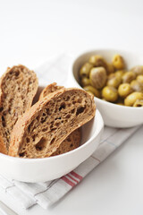 Turkish Grilled olives and bread on table 