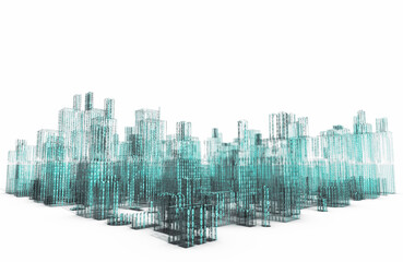 Diseño abstracto de arquitectura urbana y ciudad. Proyecto o boceto de ciudad tecnologica moderna sobre fondo blanco.