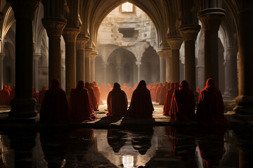 Chanting monks in Latin beneath frescoed ceilings in an ancient monastery's stone cloisters