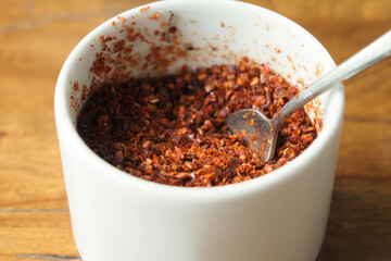 chili flakes in a bowl on table 