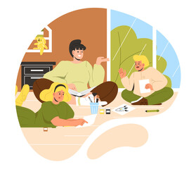 Family with art activity concept. Woman with book sits near son and daughter with paints and brushes. Development of creative skills in kids. Education and training. Cartoon flat vector illustration