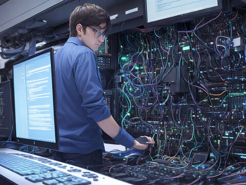 Tech Wizard in the Server Room: IT Specialist Amidst a Web of Internet Cables