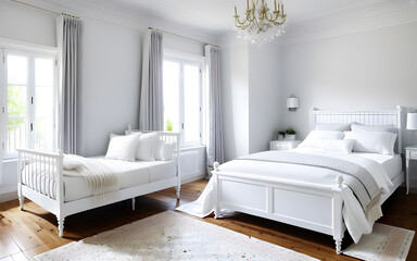 Photorealistic luxury indoor white bedroom with shining bright sunlight from the window