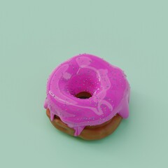 Cute stylized donut with glossy glaze. Cartoon pink donut 3 d render, top view. A three-dimensional realistic painted donut on a light turquoise background. Creative cute concept. Cozy modern design.