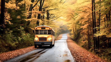 Obraz premium She watches the yellow school bus drive down the winding country road in autumn.