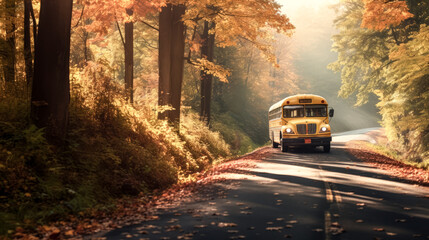 Obraz premium A school bus drives down a country road in autumn.