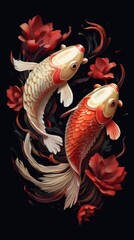 Japanese Zen: Graceful Koi Fish Art on Black, carpa japonesa tatuagem tradicional, generative ai